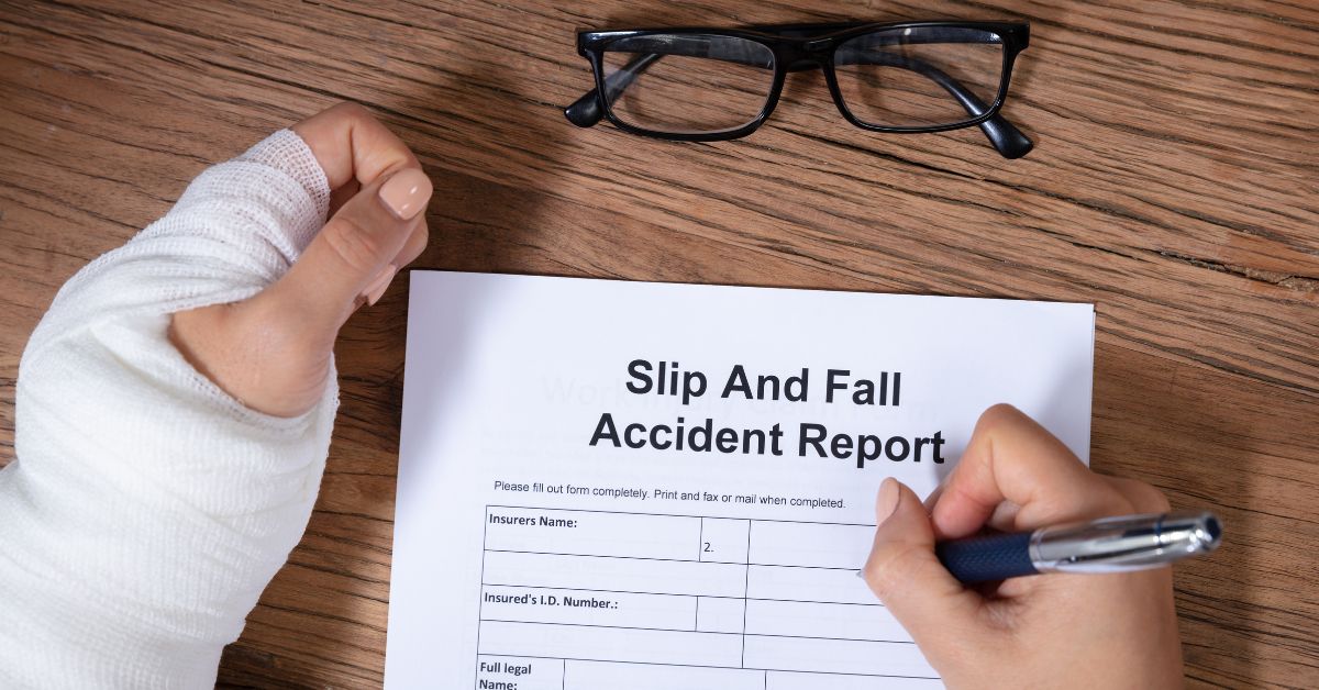 Hand in cast filling out slip and fall accident report